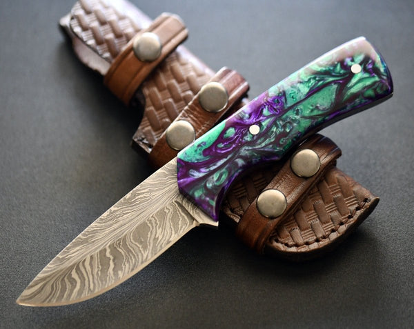 Wave Damascus Hunting Knife with Resin Handle