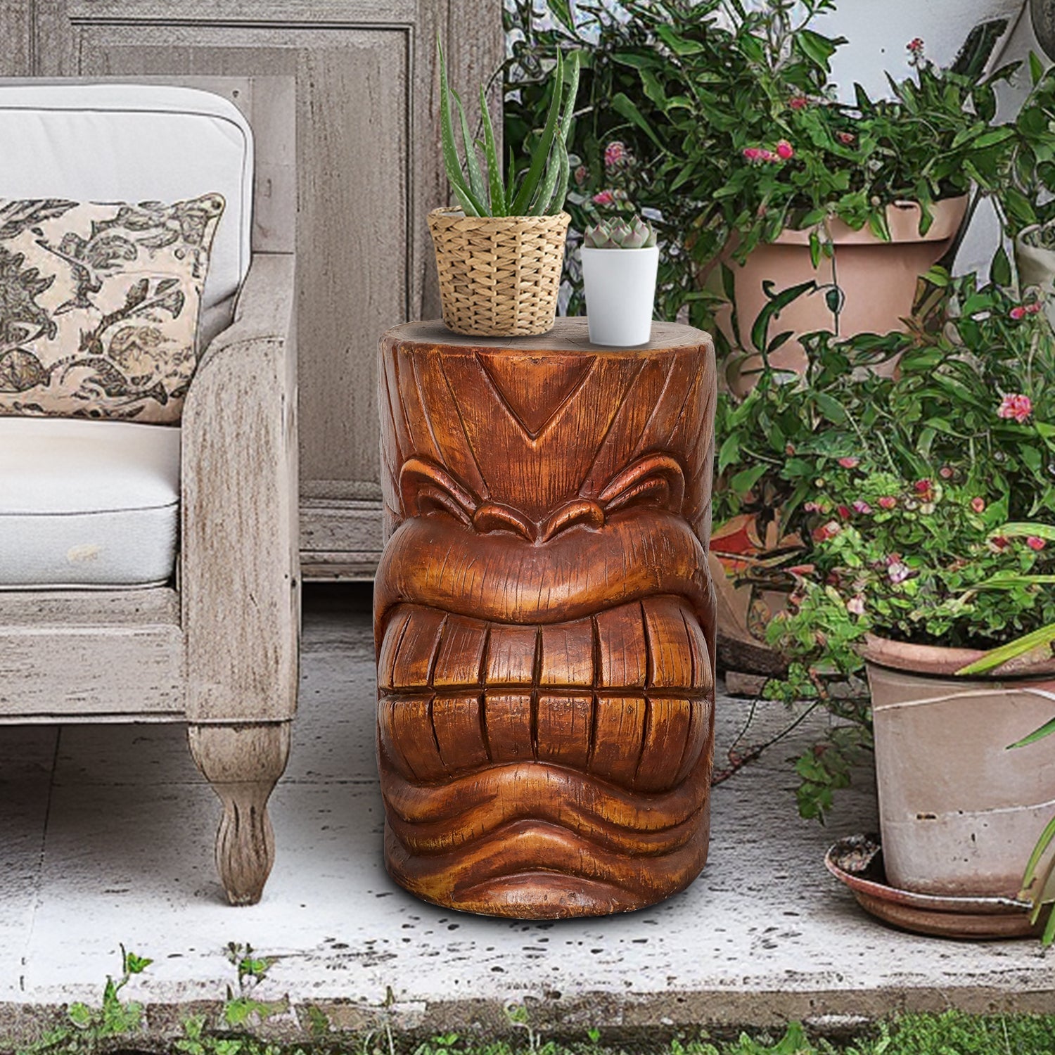 Concrete Hawaiian Tiki Statue Side Table 19 Inch