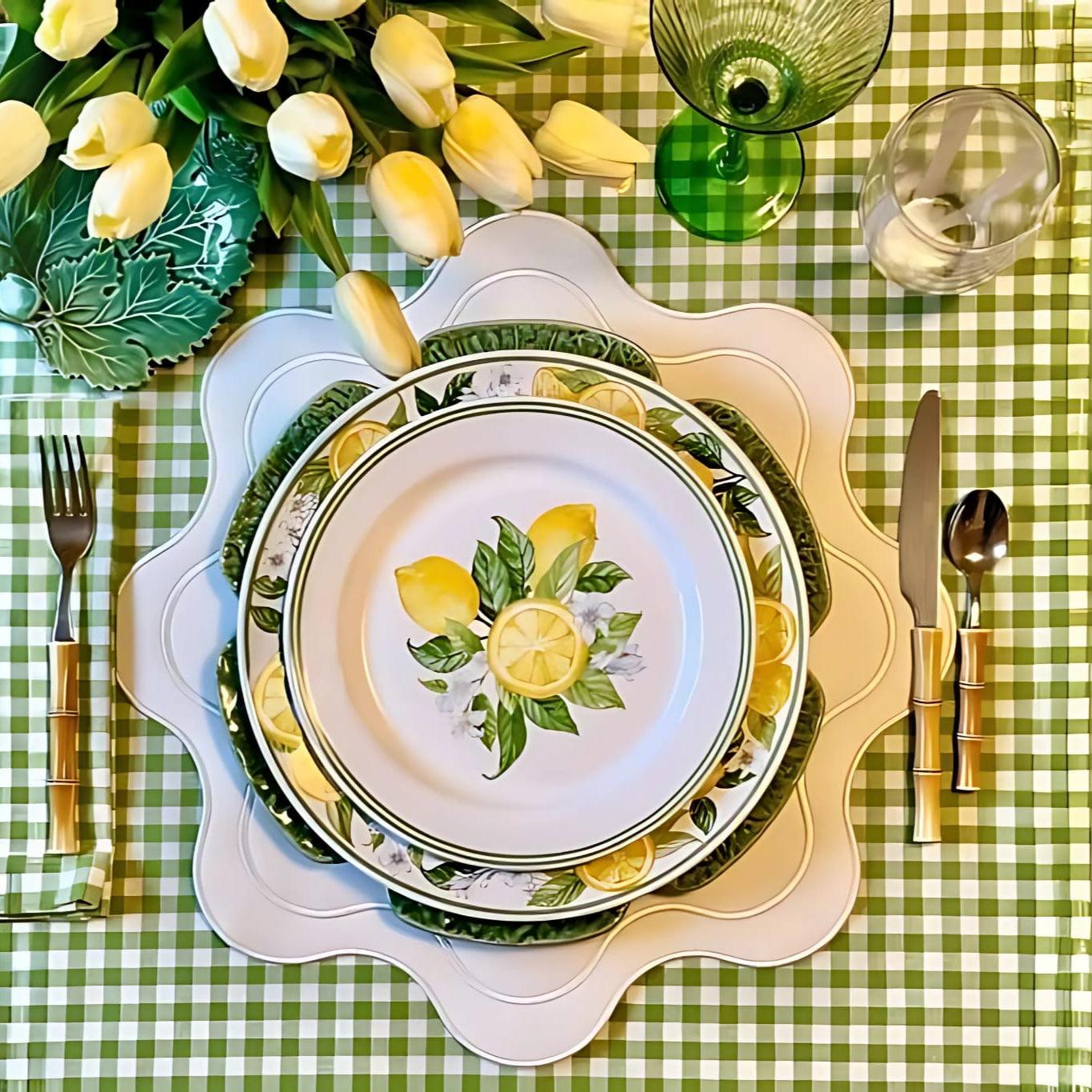 SPRING TABLE DECOR – HAVEN WHITE WAVY EDGE NAVY TRIM FAUX LEATHER PLACEMAT