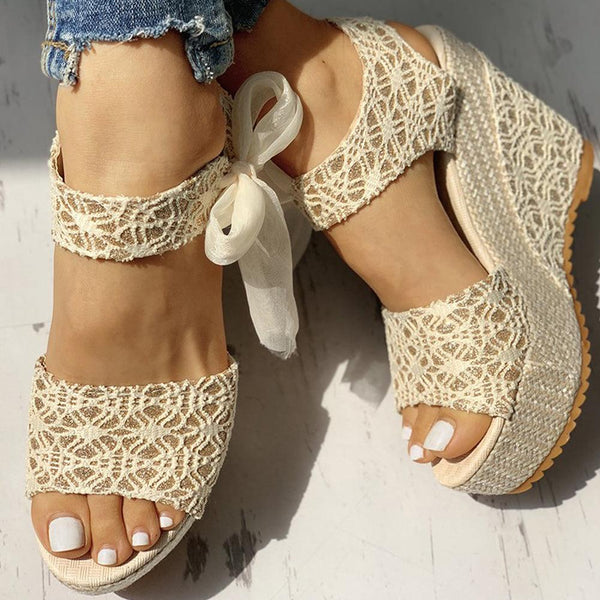 Wedding Lace Women Heeled Shoes Summer Sandals Party Platform High Heels Woman Espadrilles Platform Ankle Strap Lace Bow High Heels Summer Casual Beach Sandals