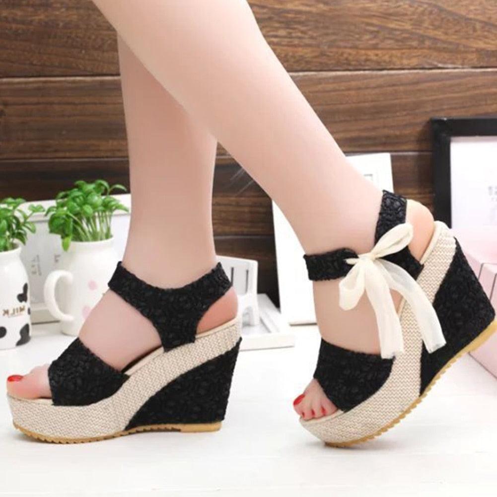 Wedding Lace Women Heeled Shoes Summer Sandals Party Platform High Heels Woman Espadrilles Platform Ankle Strap Lace Bow High Heels Summer Casual Beach Sandals