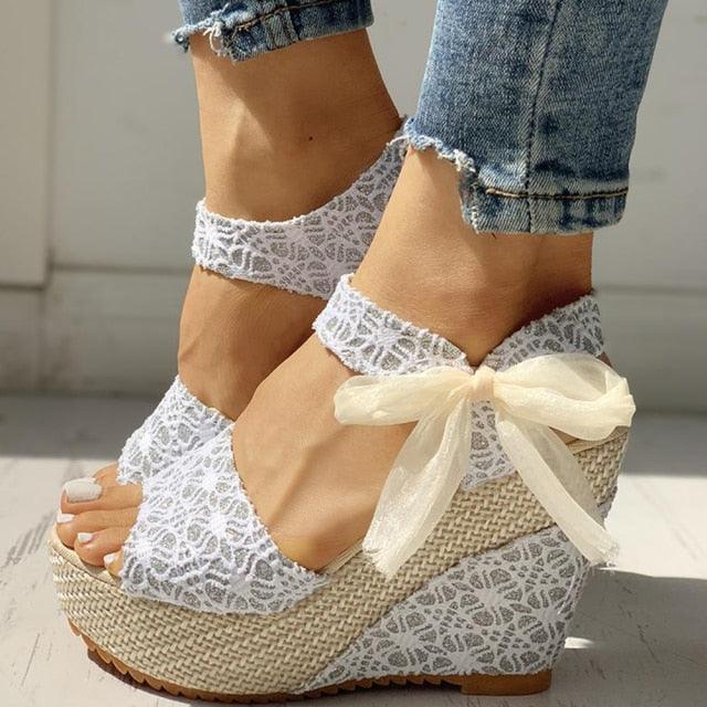 Wedding Lace Women Heeled Shoes Summer Sandals Party Platform High Heels Woman Espadrilles Platform Ankle Strap Lace Bow High Heels Summer Casual Beach Sandals