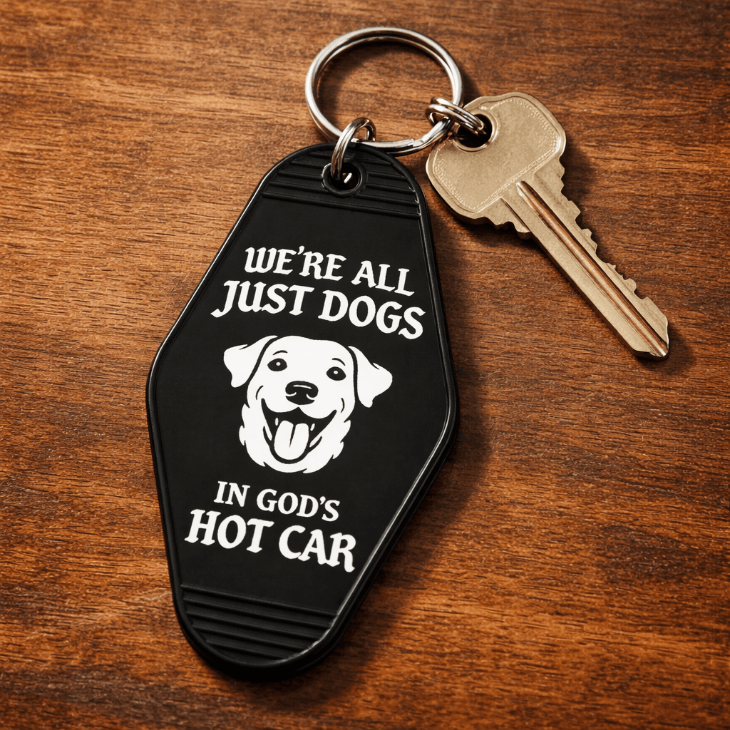 We're All Just Dogs In Gods Hot Car Room Keychain