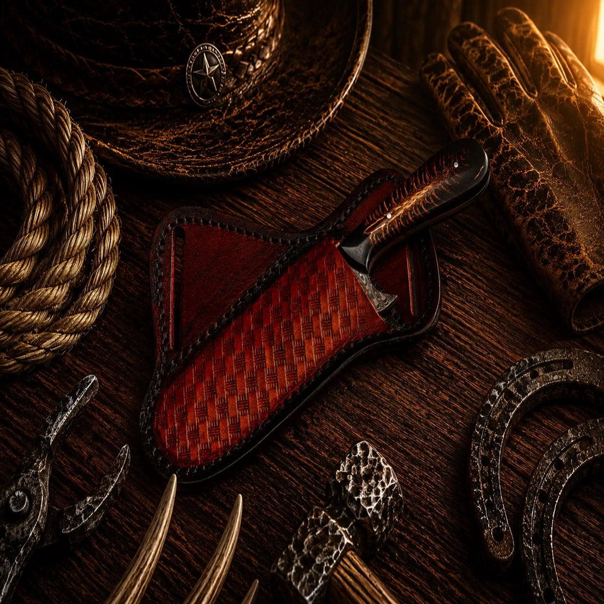 Outlaw Ranch Bull Cutter Knife – Damascus Steel Pinecone Handle