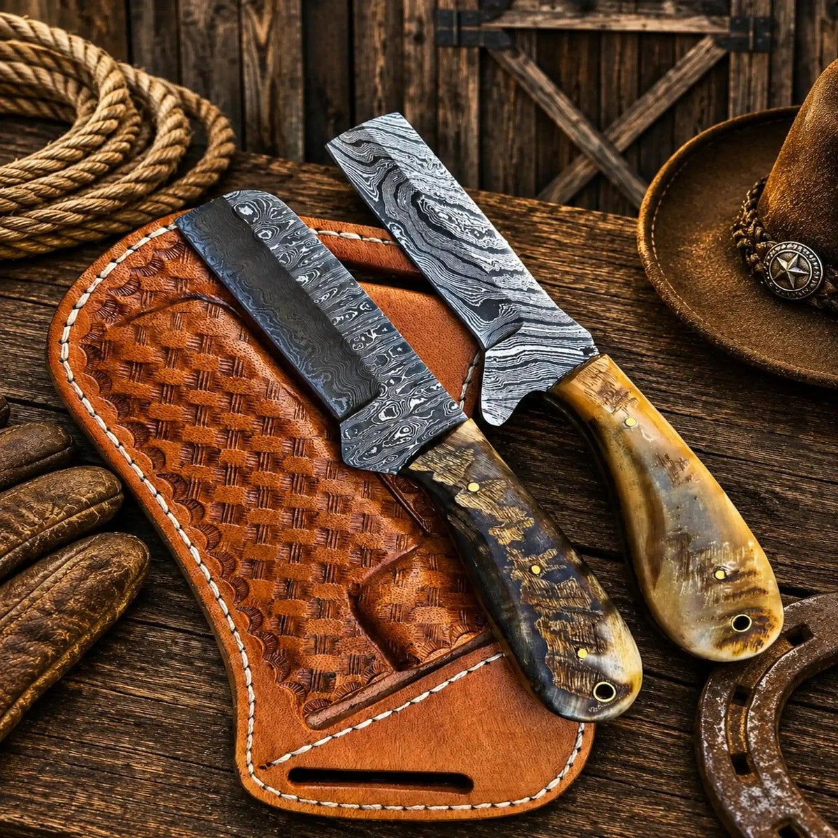 Western Cattleman Bull Cutter Knife Set – Handmade Damascus Skinning & Ranch Blades