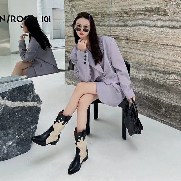 Western Cowboy Boots Summer Thin Women's Korean Fashion Splicing Pointed Retro Look Skinny Thick Heel Mid heeled Short Boots