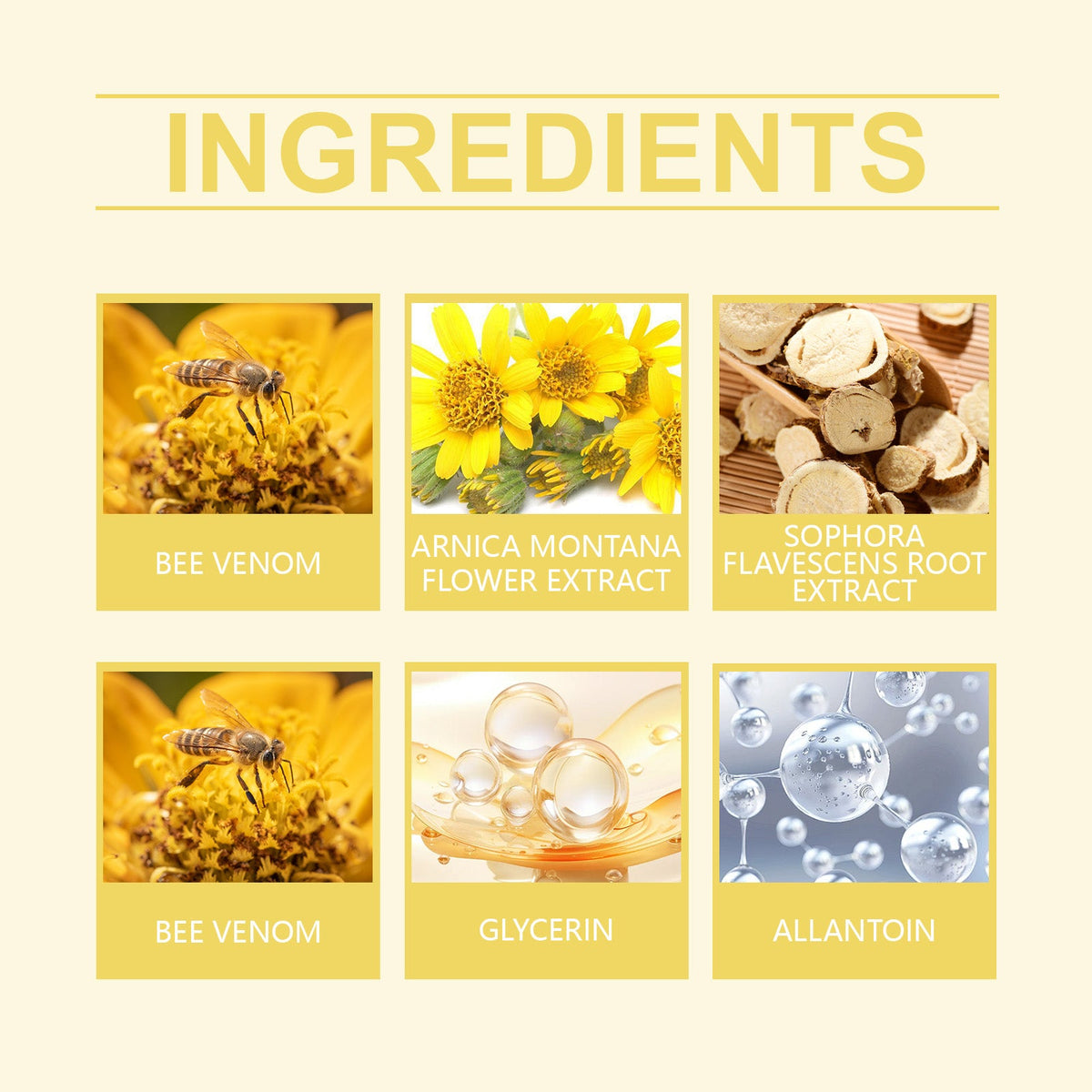 Ingredients of Laniska Bee Venom Massage Cream including bee venom and arnica montana flower extract.