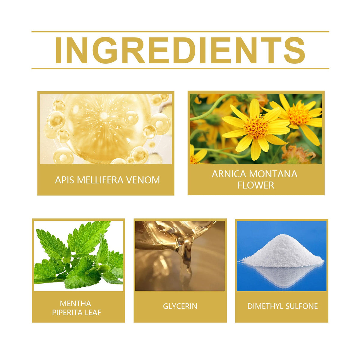 Ingredient panel for XIMONTHS Bee Venom Knee & Joint Care Cream, showing bee venom, arnica, peppermint, glycerin and MSM