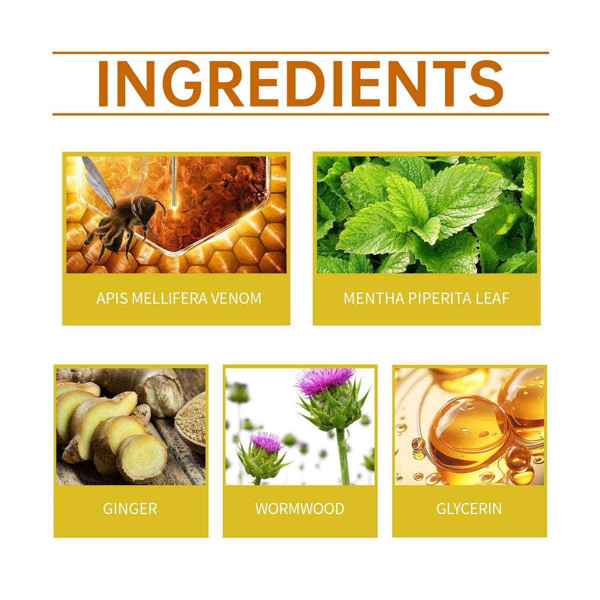 Ingredient panel for XIMONTHS Bee Venom Foot Bath Tablets for Relaxation, showing bee venom, peppermint, ginger, wormwood and glycerin