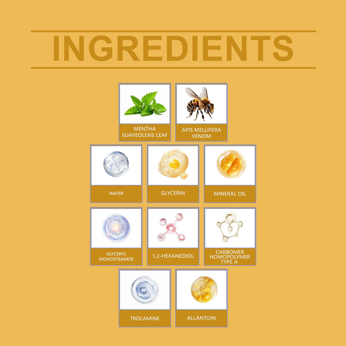 Ingredient panel for XIMONTHS Bee Venom Daily Joint Massage Cream, showing bee venom, mint, glycerin, mineral oil and allantoin