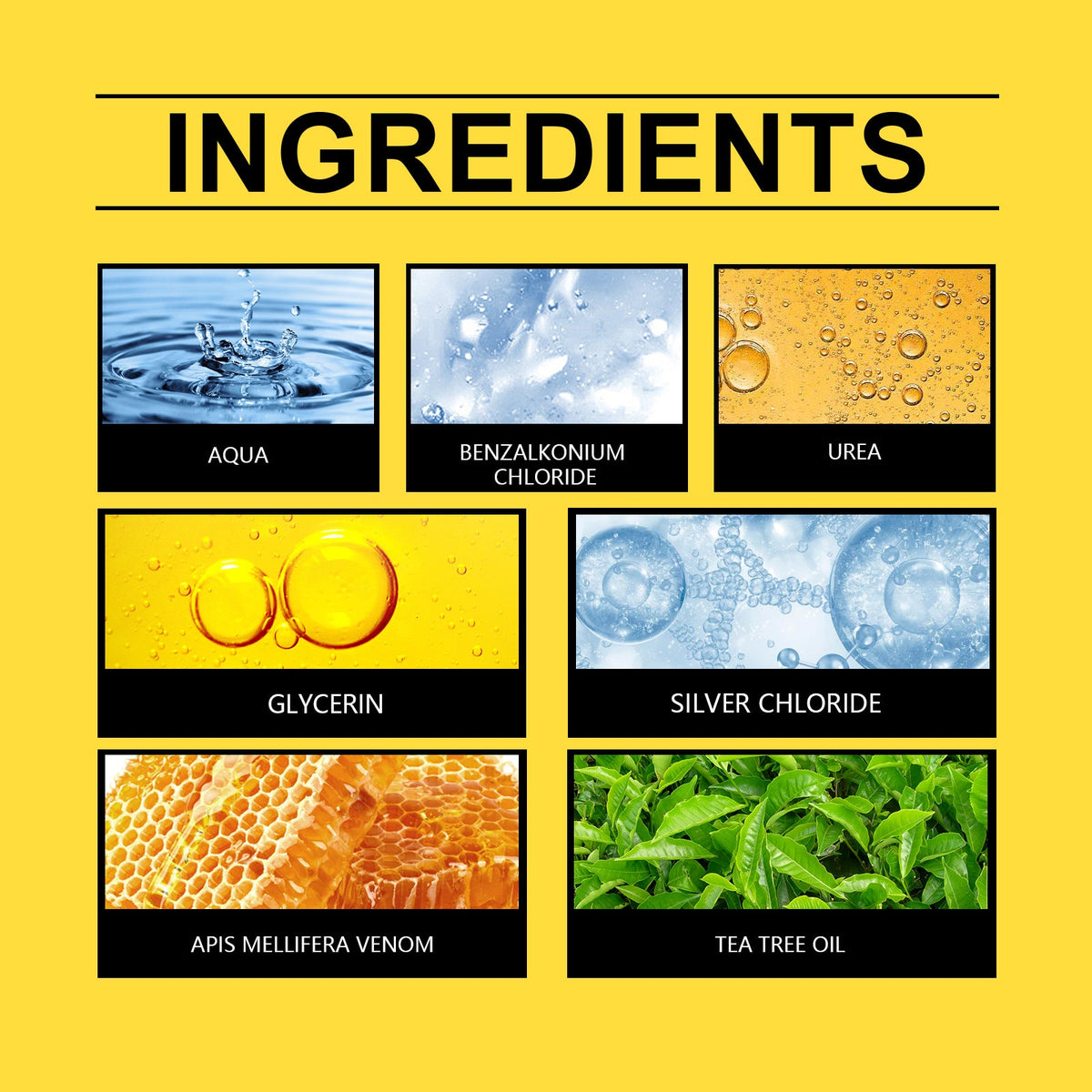 Ingredient panel for XIMONTHS Bee Venom Nail Care Solution for Daily Moisture, showing urea, glycerin, silver chloride, bee venom and tea tree