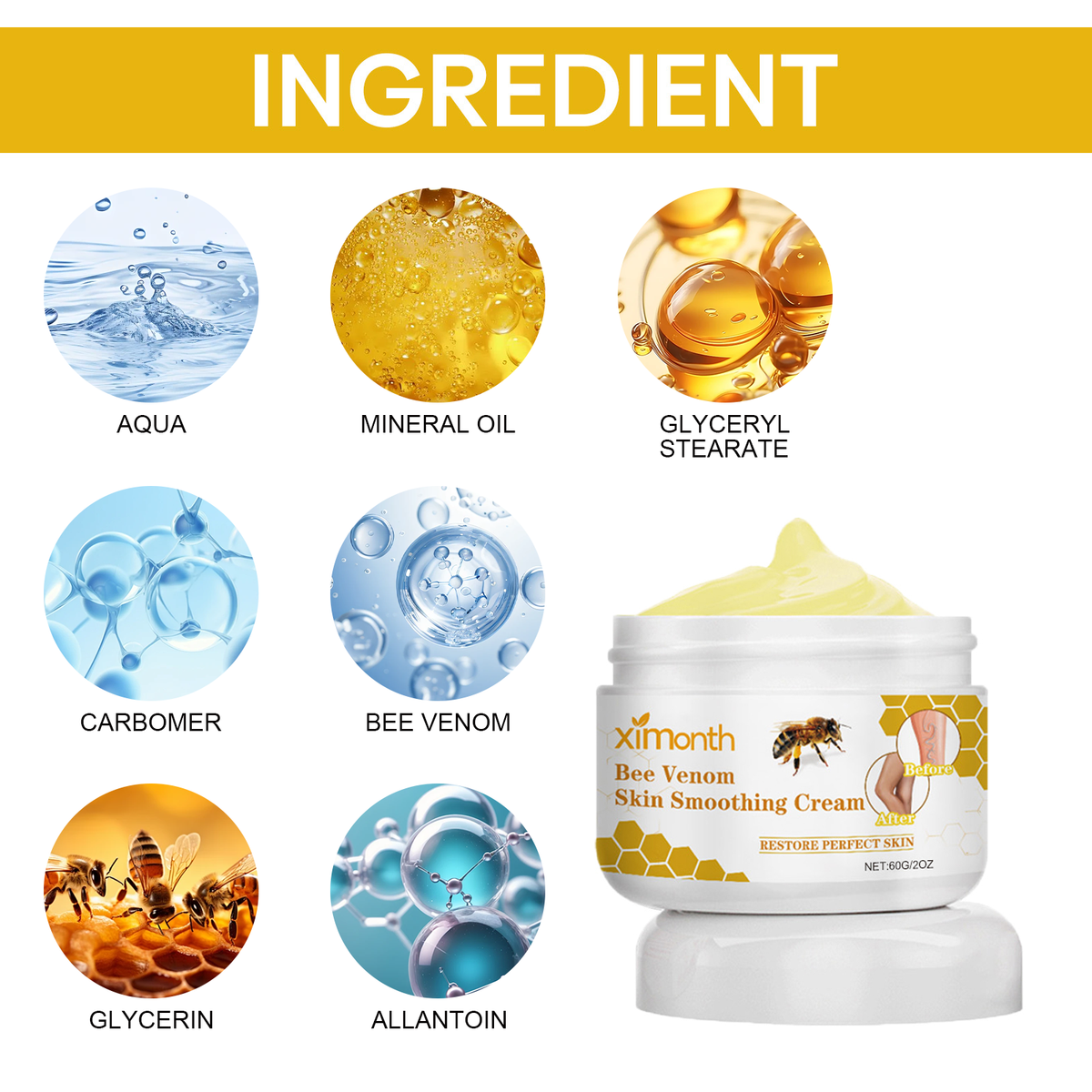 Ingredient panel for XIMONTHS Bee Venom Leg Care Cream for Moisturizing Massage, showing bee venom, glycerin, mineral oil and allantoin