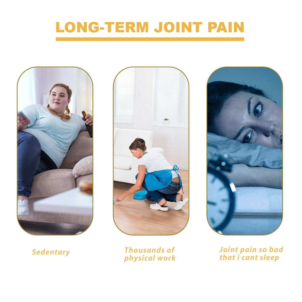 Long-term joint pain depiction showing sedentary lifestyle, physical work, and difficulty sleeping due to pain.
