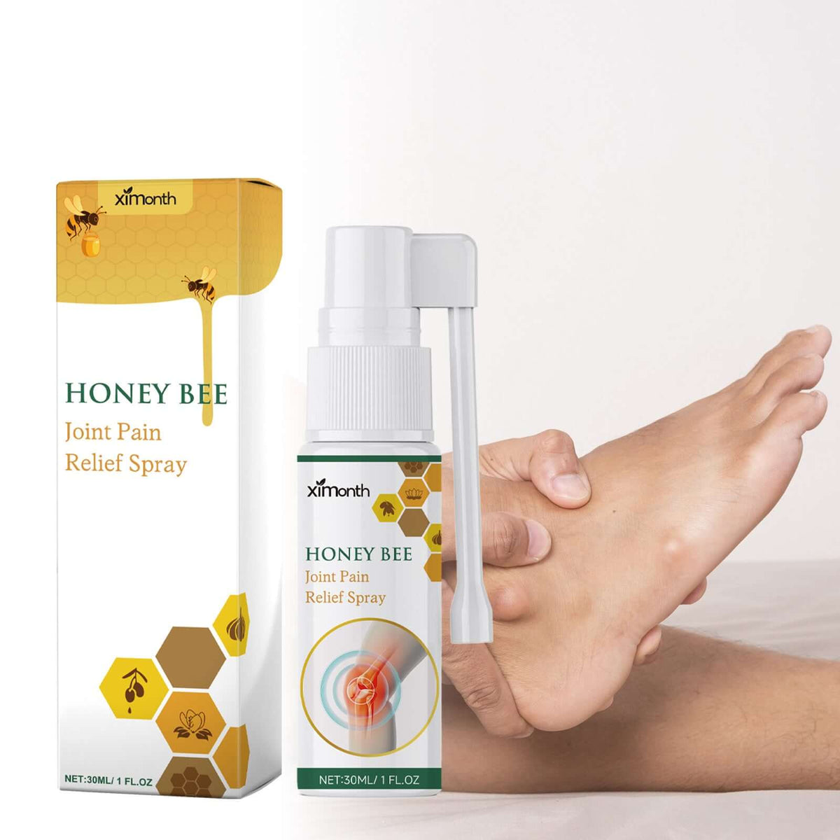Bee venom joint care spray next to a foot, designed for quick relief from joint and muscle discomfort.