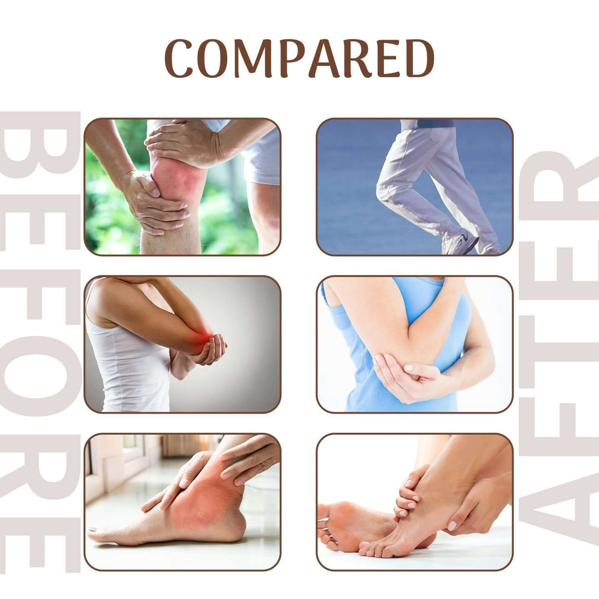 Before and after images showcasing relief from joint pain and discomfort using bee venom joint care spray.