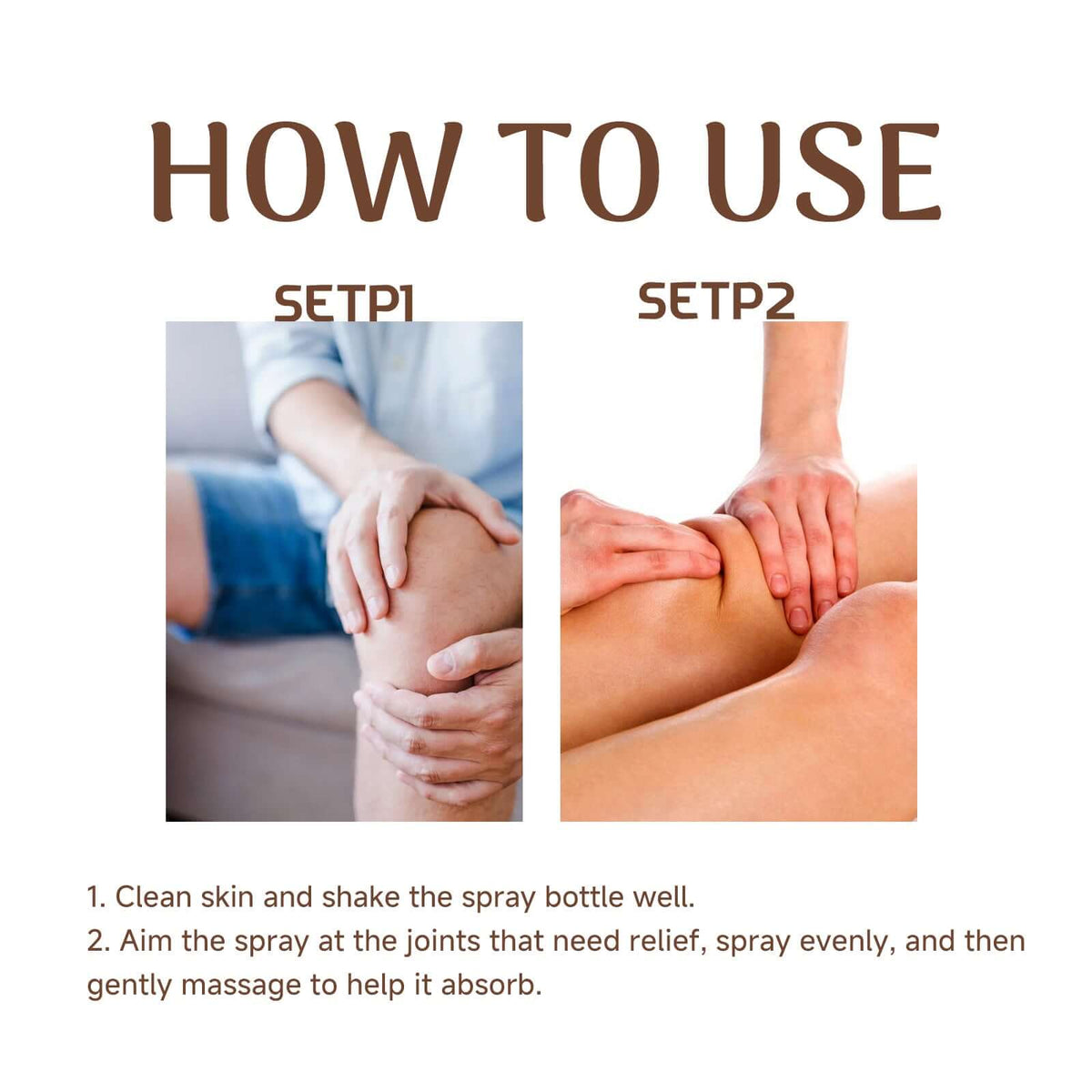 Instructions for using bee venom joint care spray, showing application on knee joints for relief.