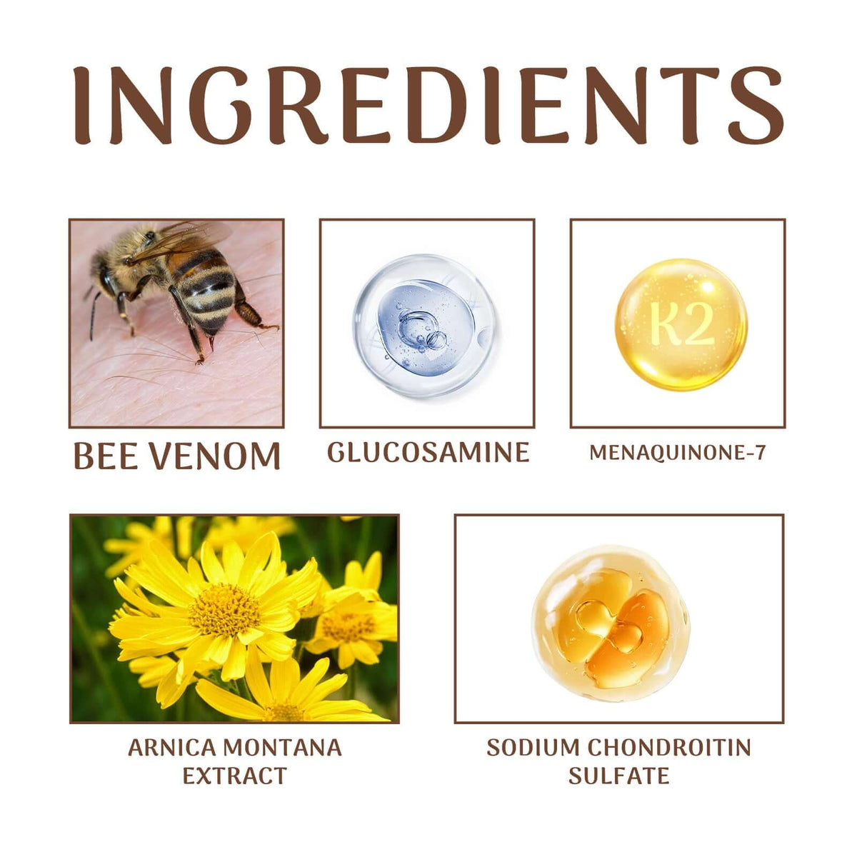 Alt: Ingredients of Ximonth Bee Venom Joint Care Spray for joint and muscle relief, including bee venom, triethanolamine, and safflower extract