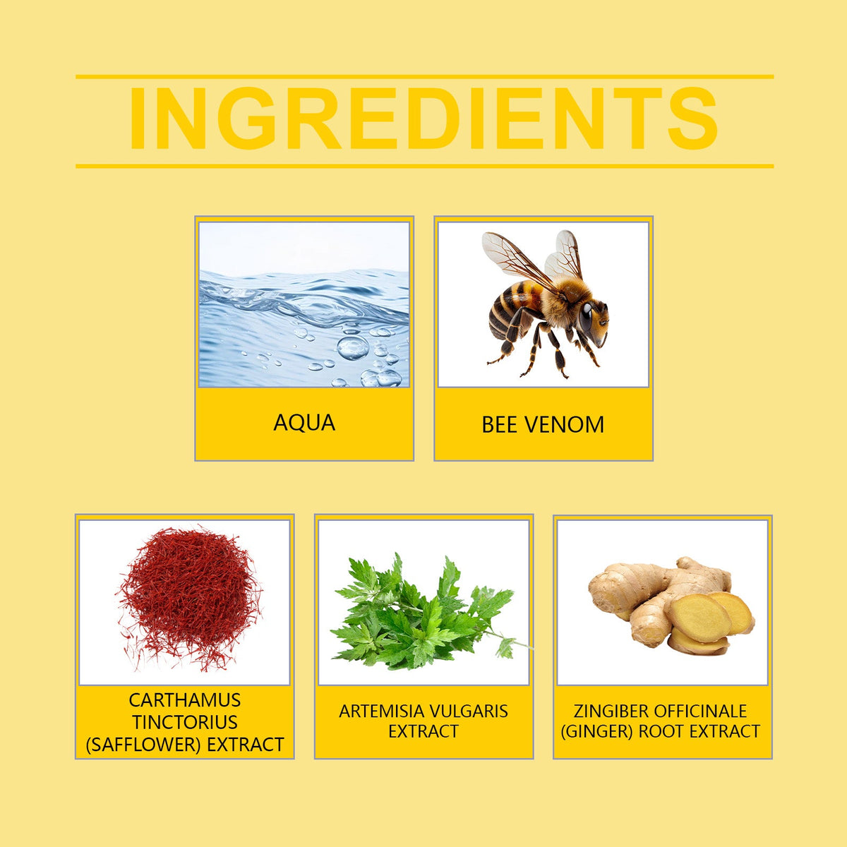 Ingredient panel for XIMONTHS Bee Venom Toning Spray for Firming Skin, showing bee venom, safflower, mugwort and ginger