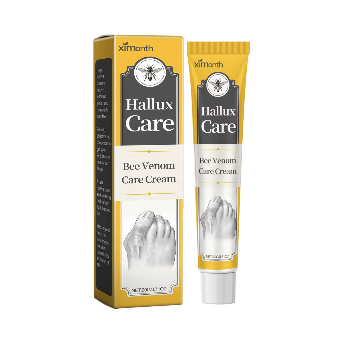 XIMONTHS bee venom foot pain relief cream tube and box for bunion care.