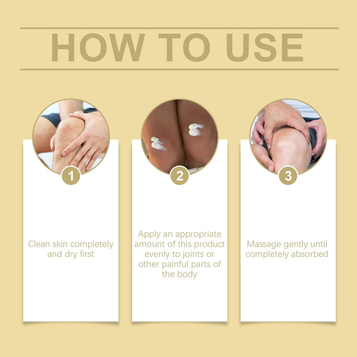 How to use bee venom treatment cream for joint pain: clean skin, apply cream, and massage gently.
