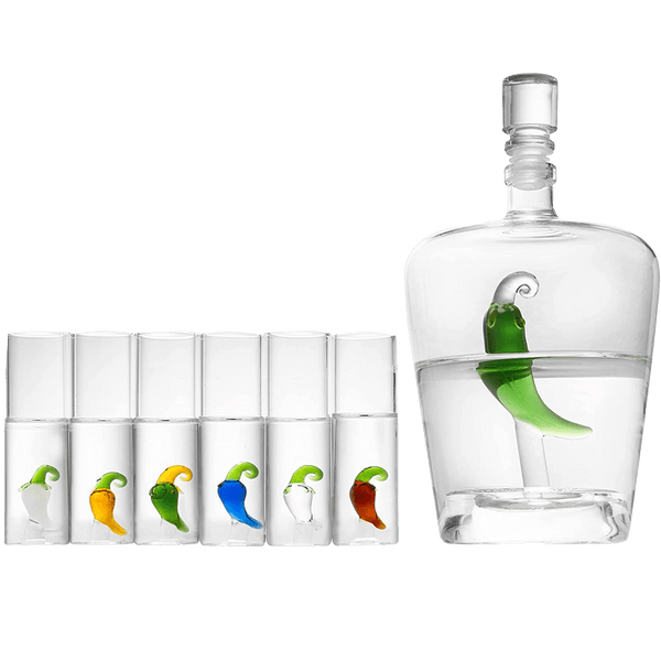 Tequila Decanter Set with Pepper Decanter and 6 Jalapeño Shot Glasses Set, Perfect for Holiday Gifts for Tequila Lovers, 25 Ounce Bottle, 3 Ounce Shot Glasses Cinco De Mayo, Reposado Gift (Pepper)