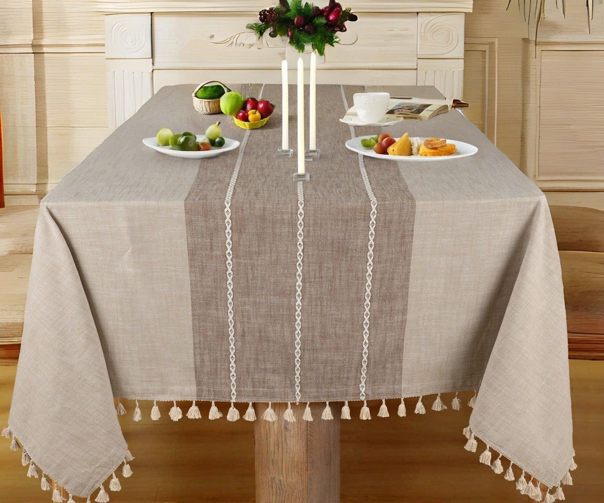 Beige Striped Tablecloth with Tassel