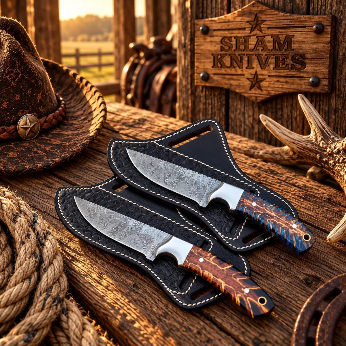 Whiskey Ridge Cowboy Skinner Duo – Damascus & Pine Cone Handles