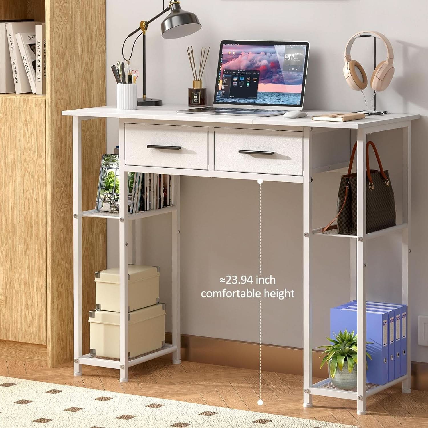 White Computer Desk 37.3 Inch With Drawers And Storage Shelves