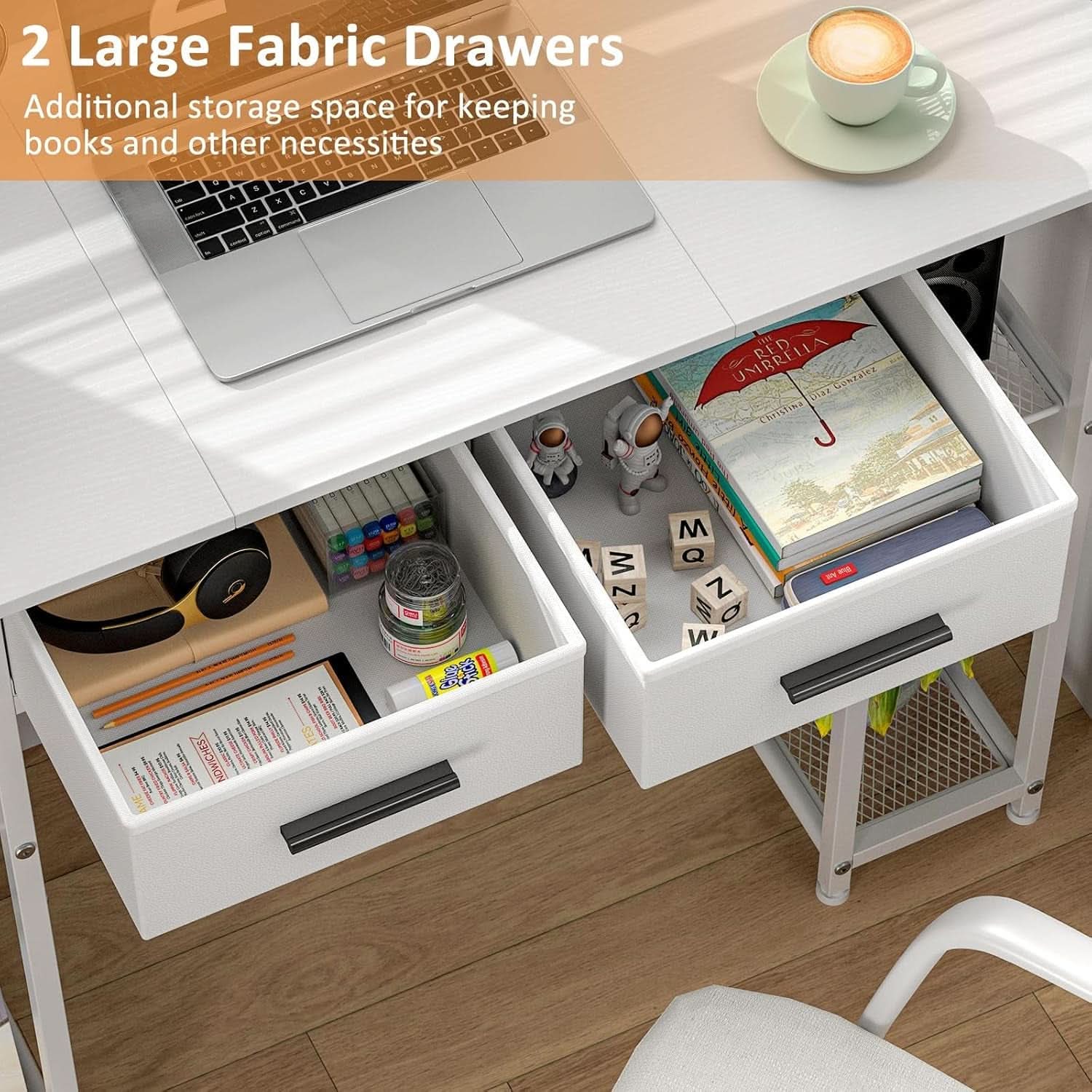 White Computer Desk 37.3 Inch With Drawers And Storage Shelves