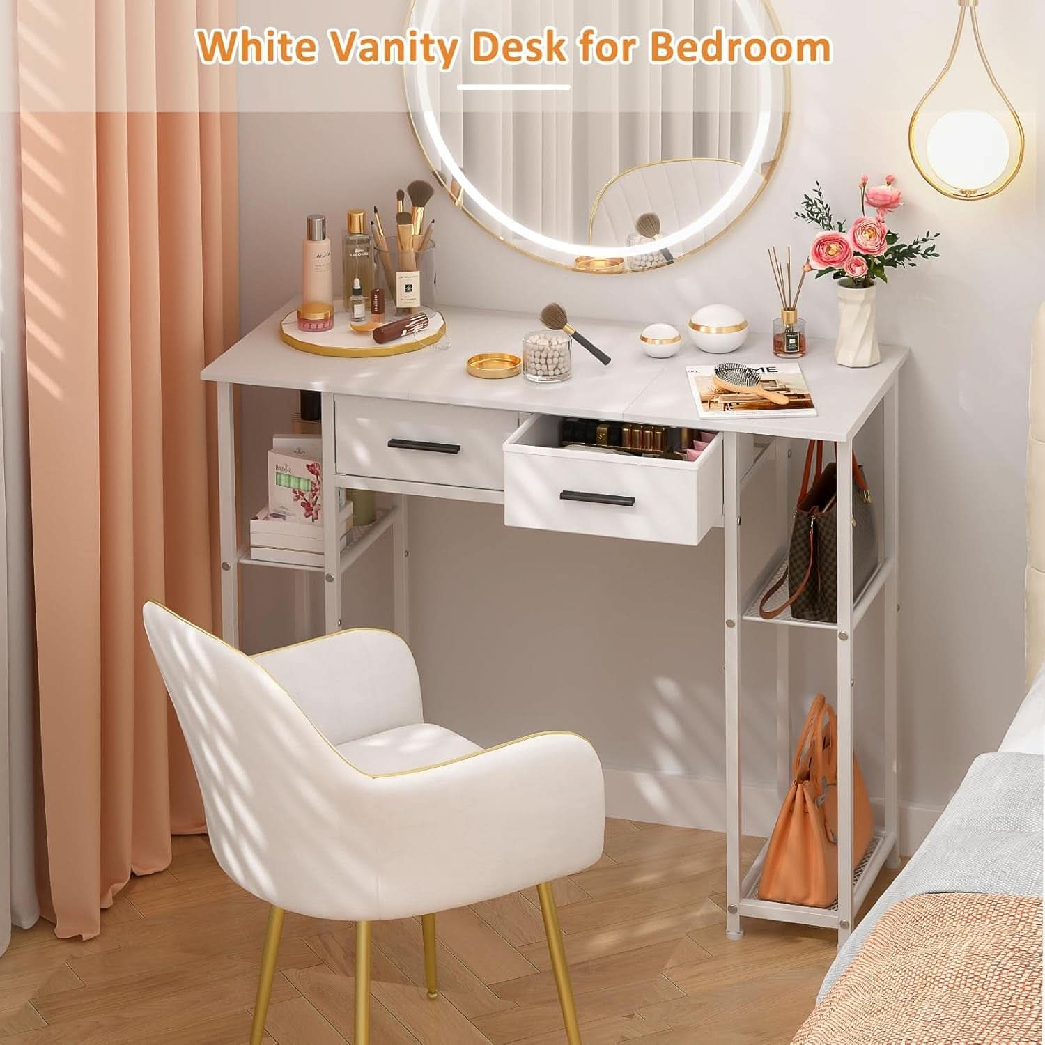 White Computer Desk 37.3 Inch With Drawers And Storage Shelves