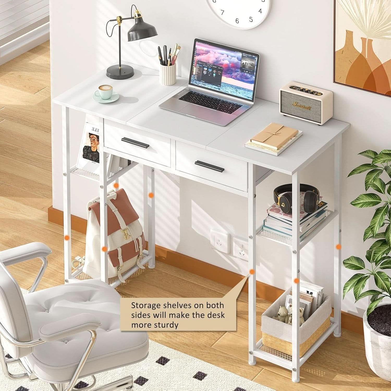 White Computer Desk 37.3 Inch With Drawers And Storage Shelves