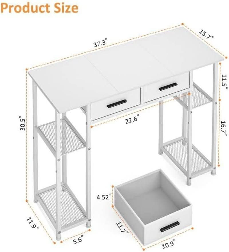 White Computer Desk 37.3 Inch With Drawers And Storage Shelves