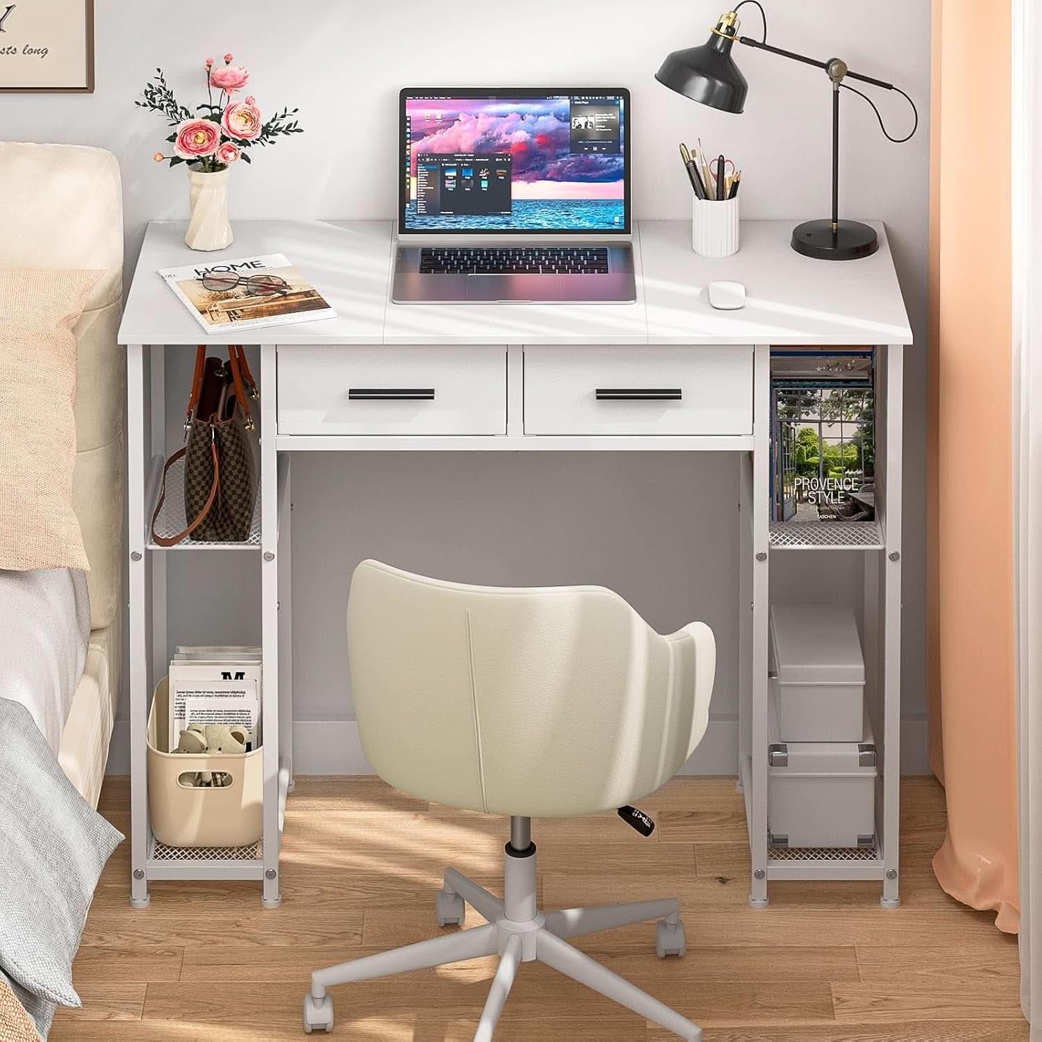 White Computer Desk 37.3 Inch With Drawers And Storage Shelves