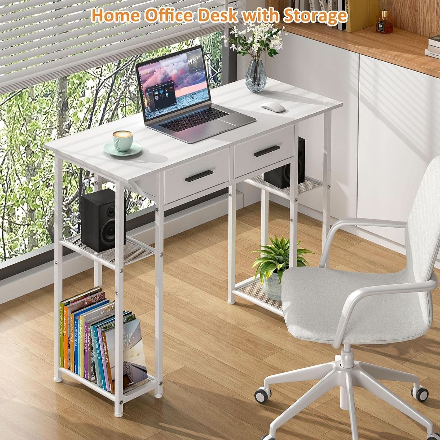 White Computer Desk 37.3 Inch With Drawers And Storage Shelves