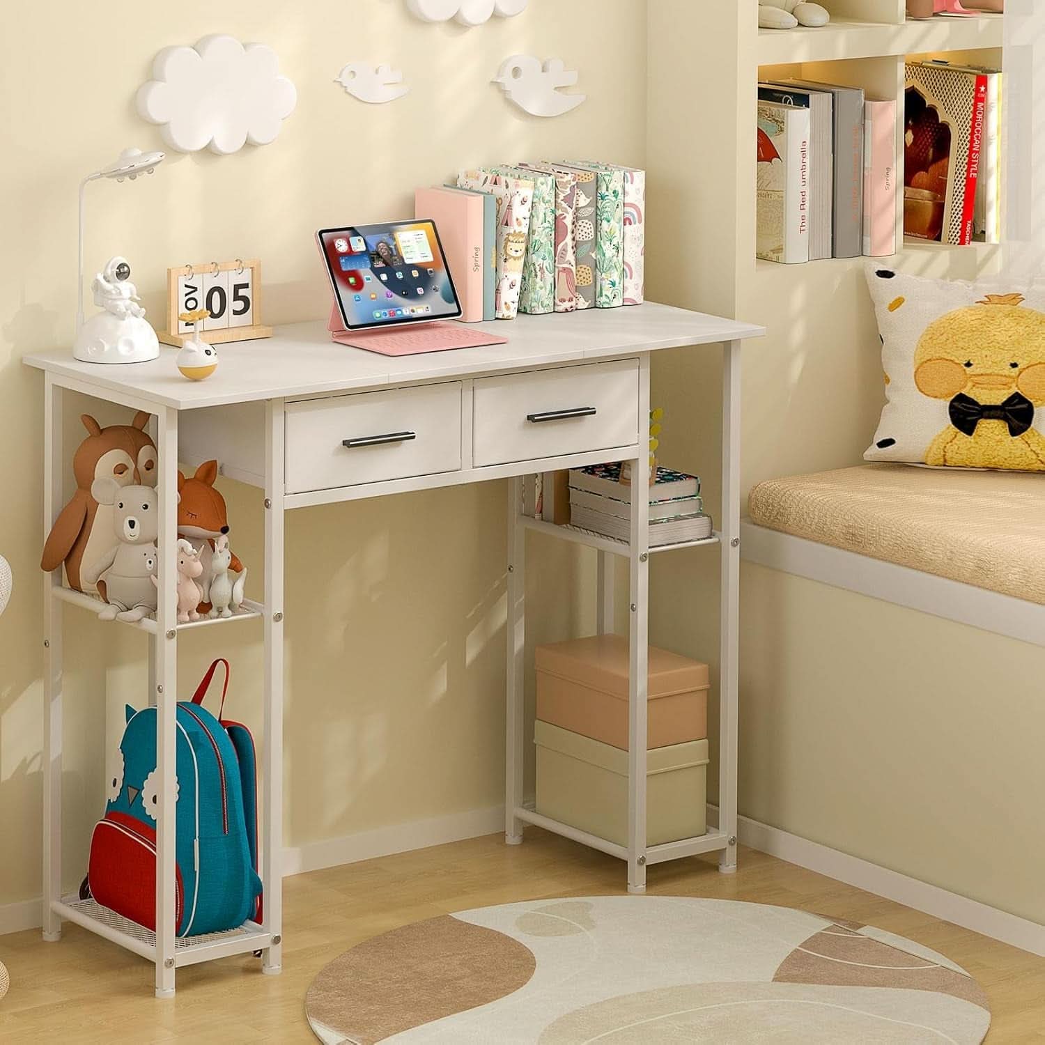 White Computer Desk 37.3 Inch With Drawers And Storage Shelves