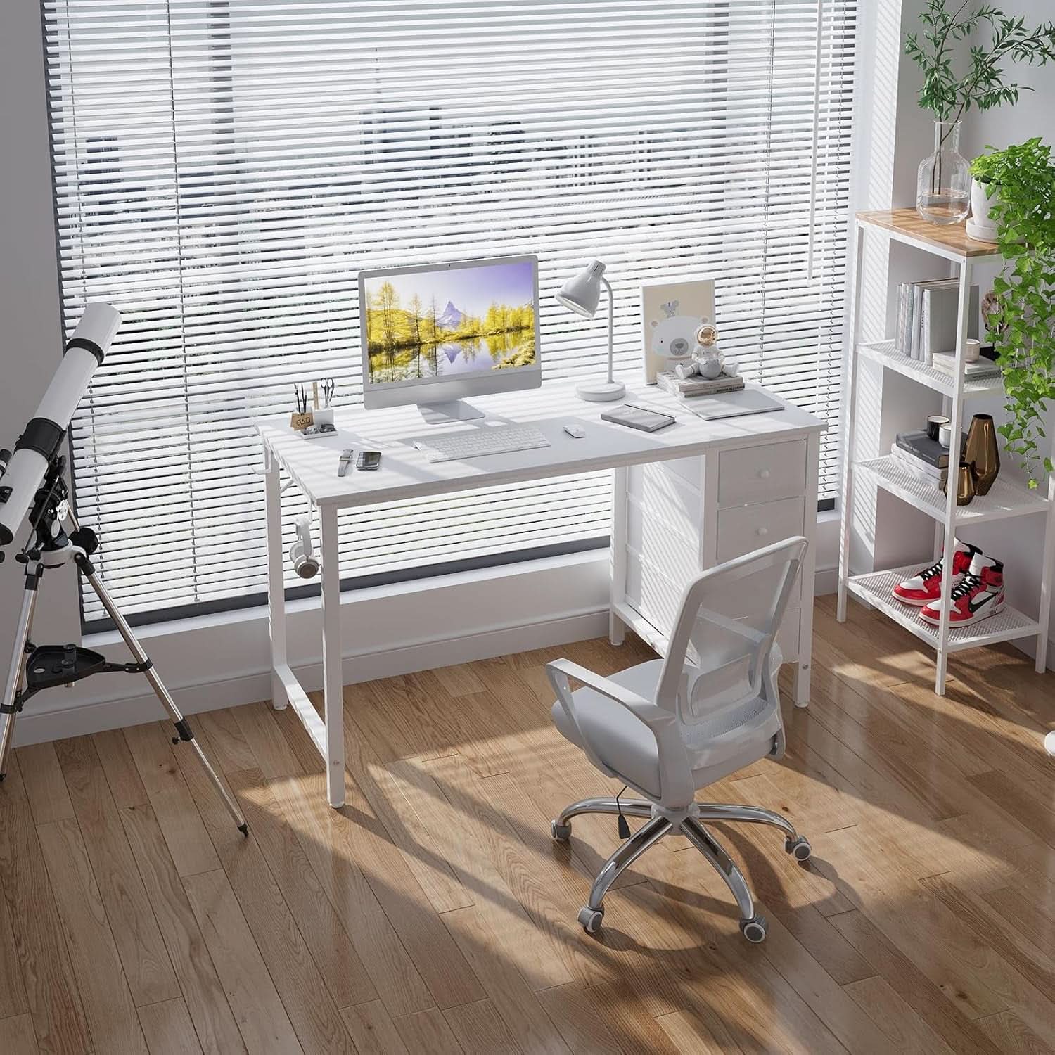 White Computer Desk With Fabric Drawers 47 Inch Reversible Study Desk