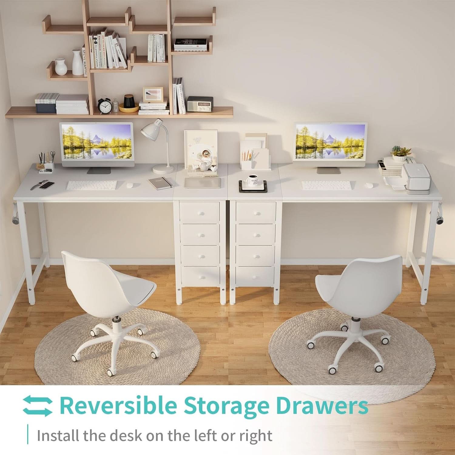 White Computer Desk With Fabric Drawers 47 Inch Reversible Study Desk