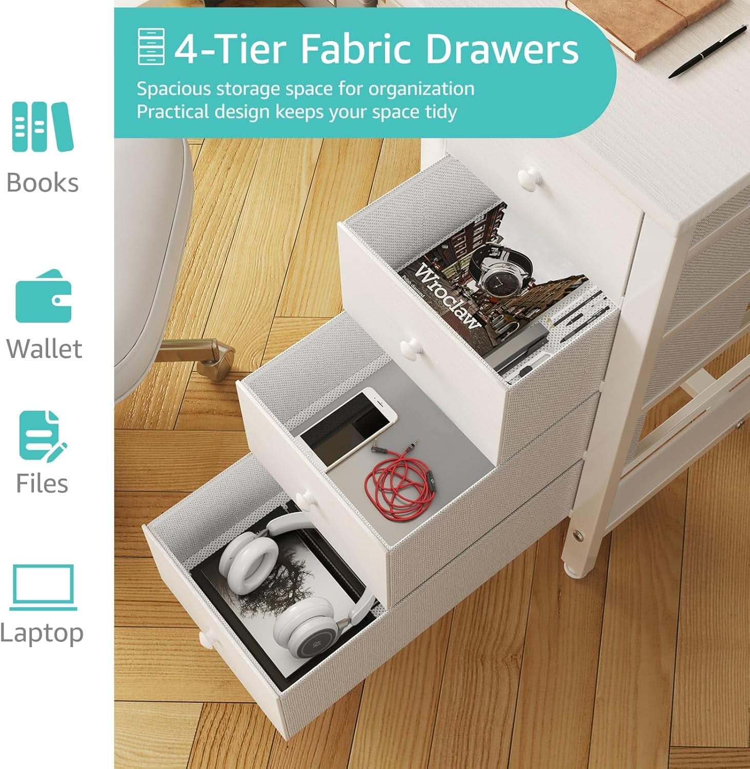 White Computer Desk With Fabric Drawers 47 Inch Reversible Study Desk