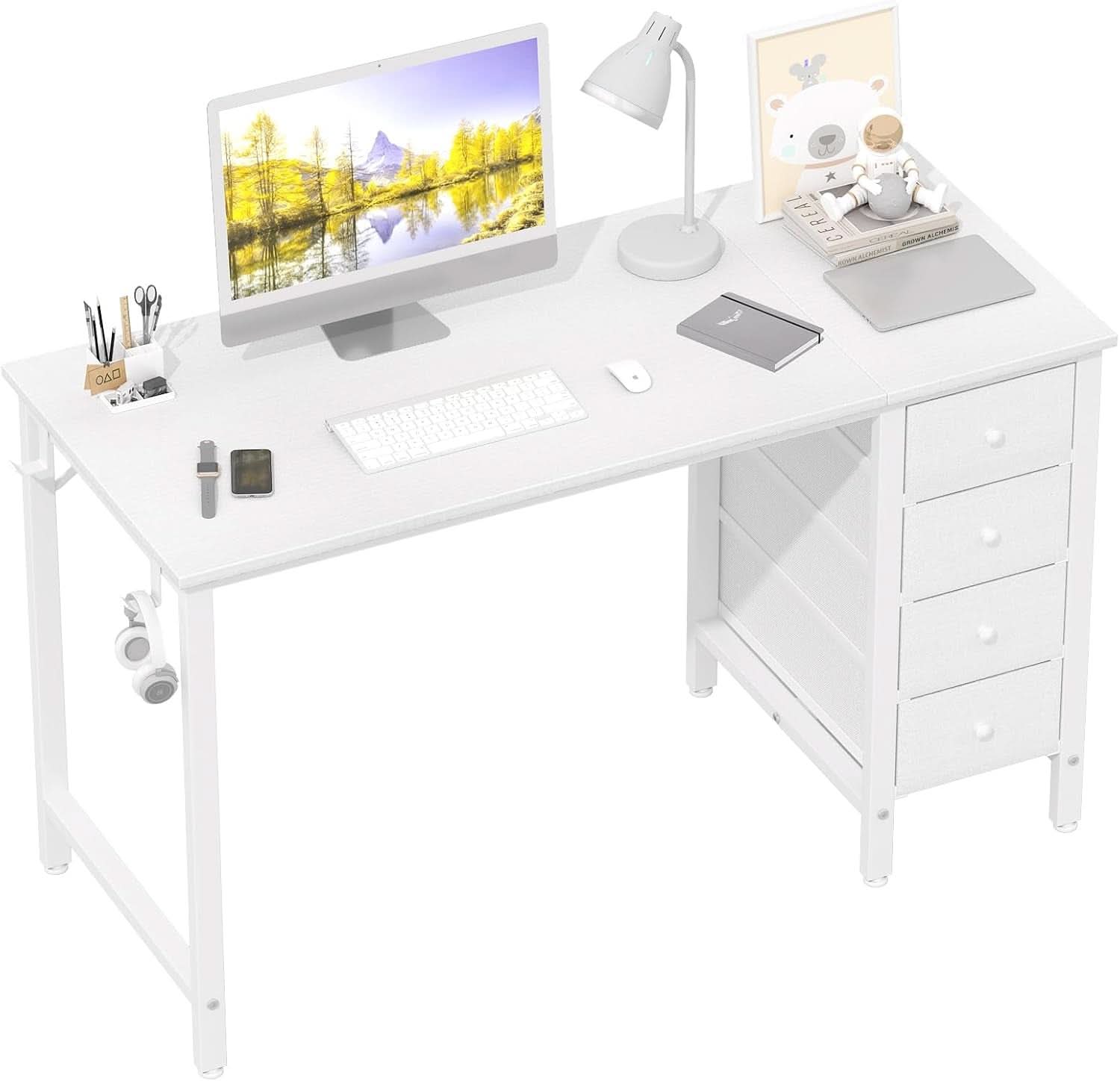 White Computer Desk With Fabric Drawers 47 Inch Reversible Study Desk