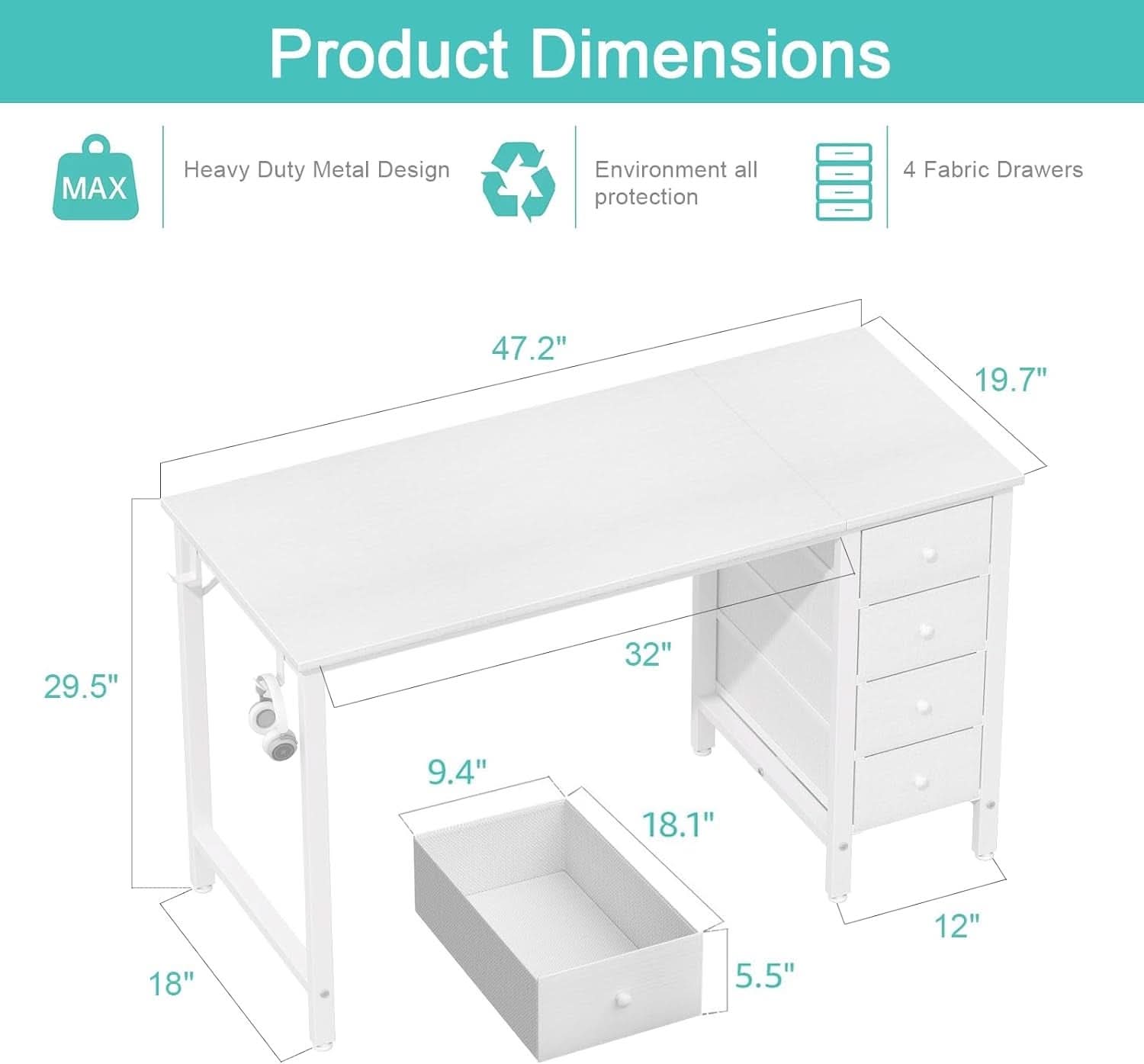White Computer Desk With Fabric Drawers 47 Inch Reversible Study Desk