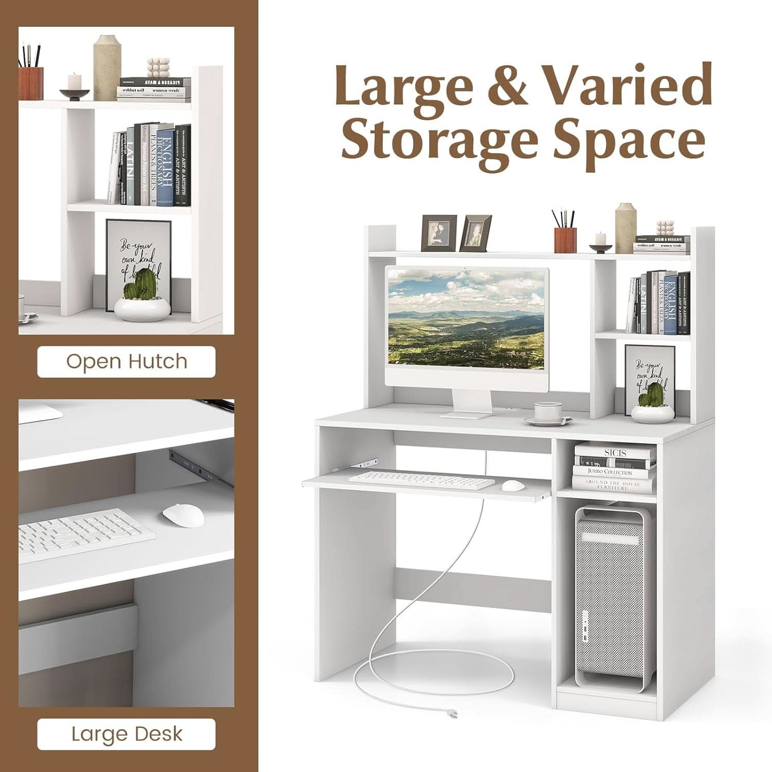 White Desk With Hutch And Charging Station For Home Office