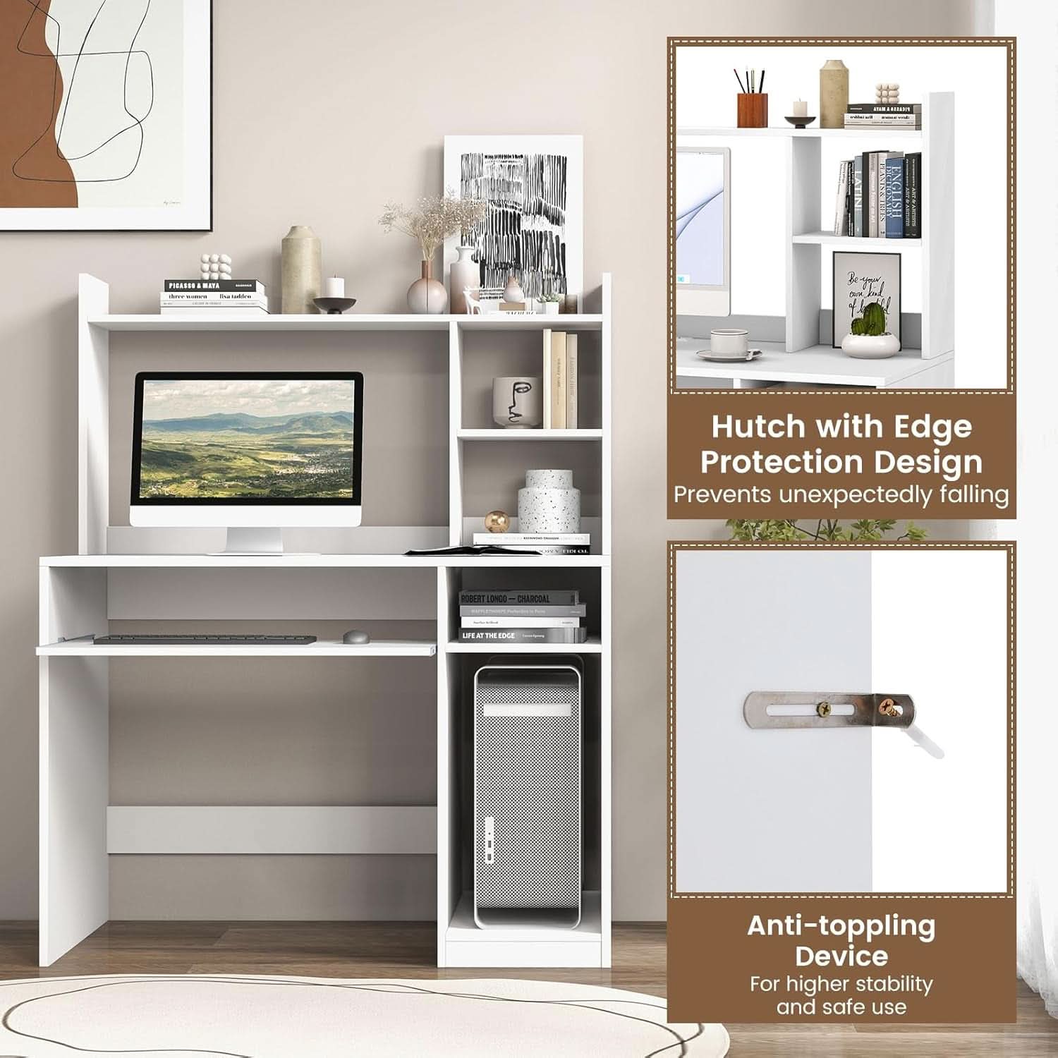 White Desk With Hutch And Charging Station For Home Office