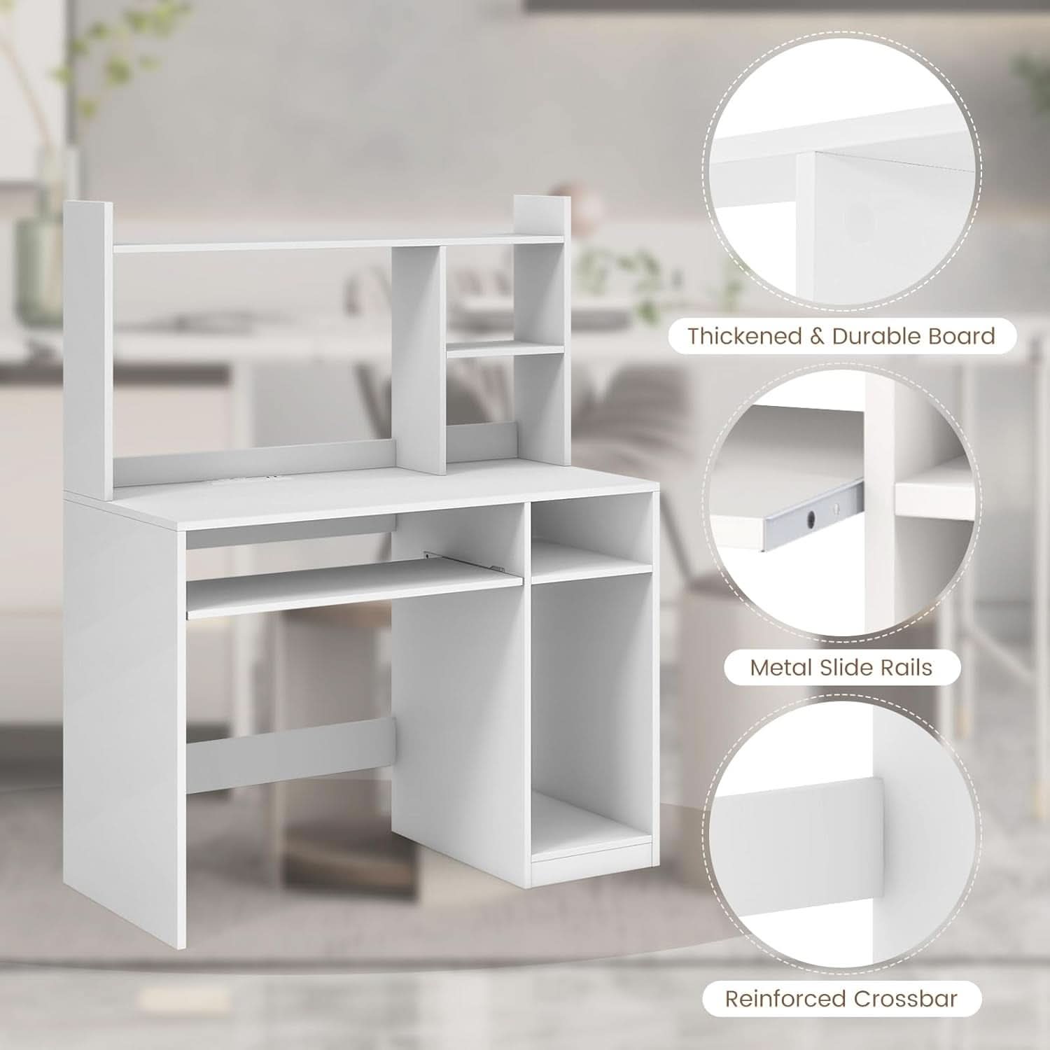 White Desk With Hutch And Charging Station For Home Office