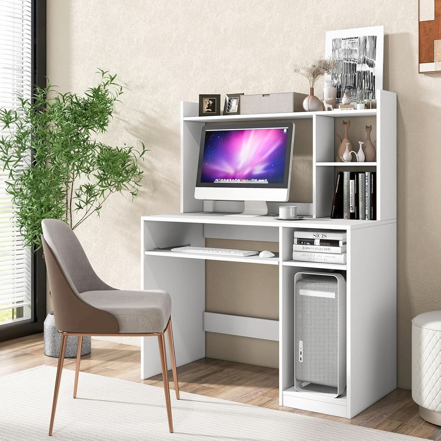 White Desk With Hutch And Charging Station For Home Office
