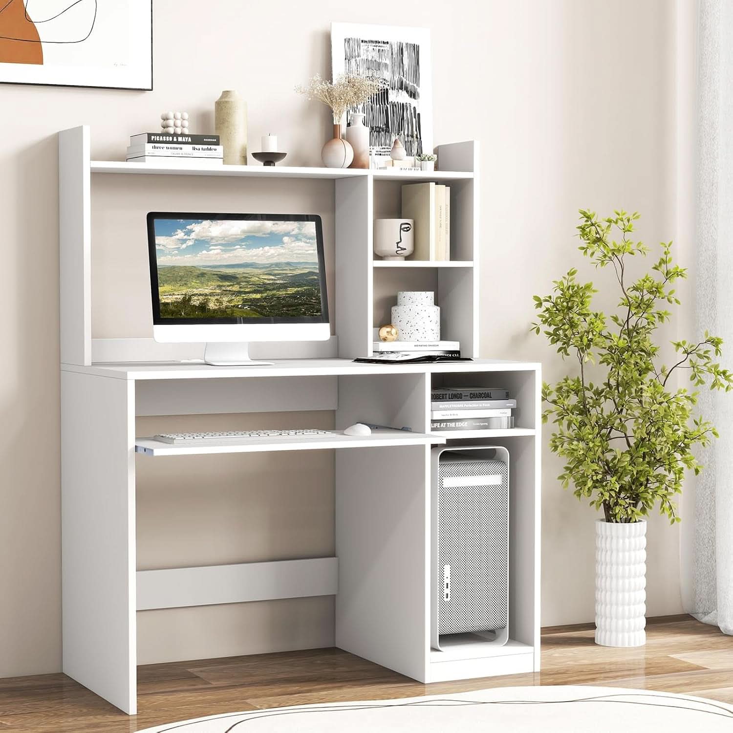 White Desk With Hutch And Charging Station For Home Office