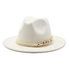 White Elegant Wide Brim Simple Hat Summer Women Lady Retro Wide Brim Hat Charming Fedora Hat Solid Color Fedoras Hat With Chain Men Women Cotton Comfortable Jazz Cap 56-58cm