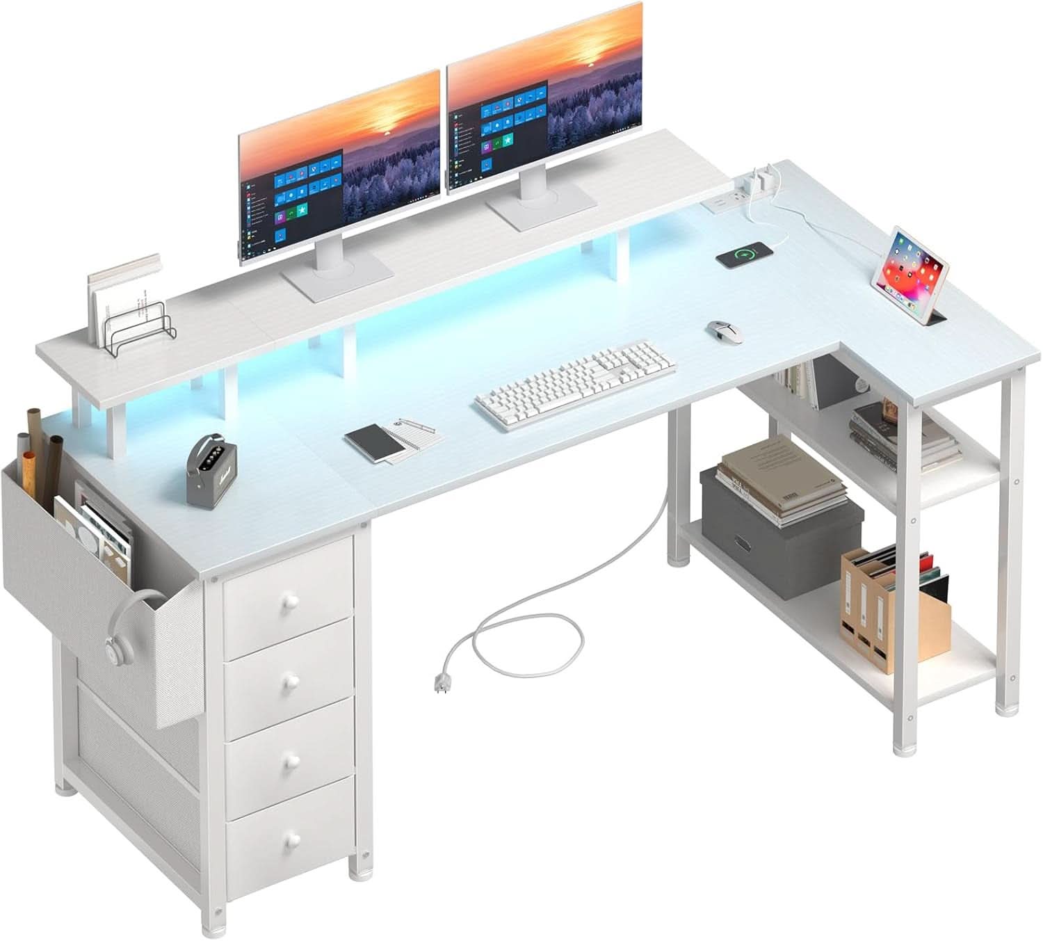 White L Shaped Desk With Monitor Stand 55 Inch LED Lighting