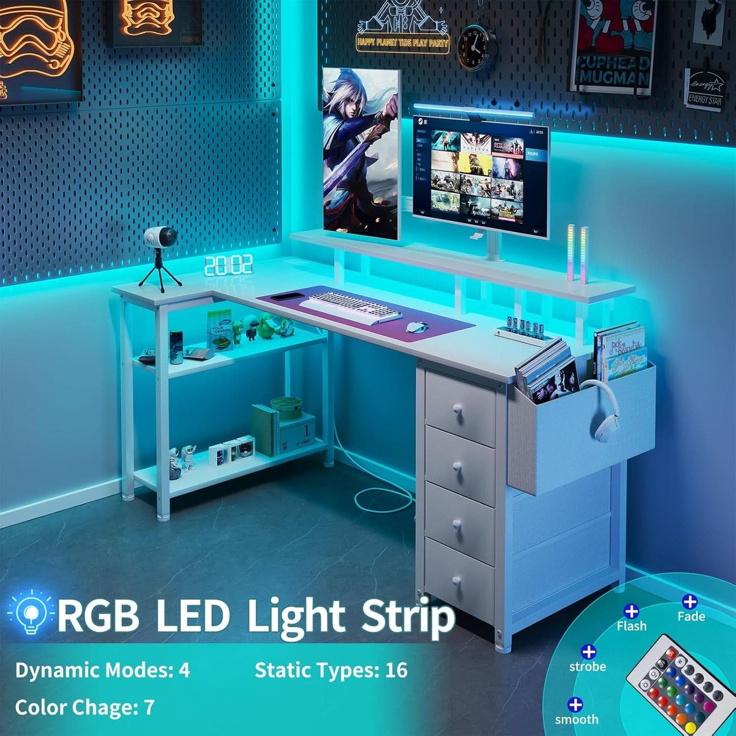 White L Shaped Desk With Monitor Stand 55 Inch LED Lighting