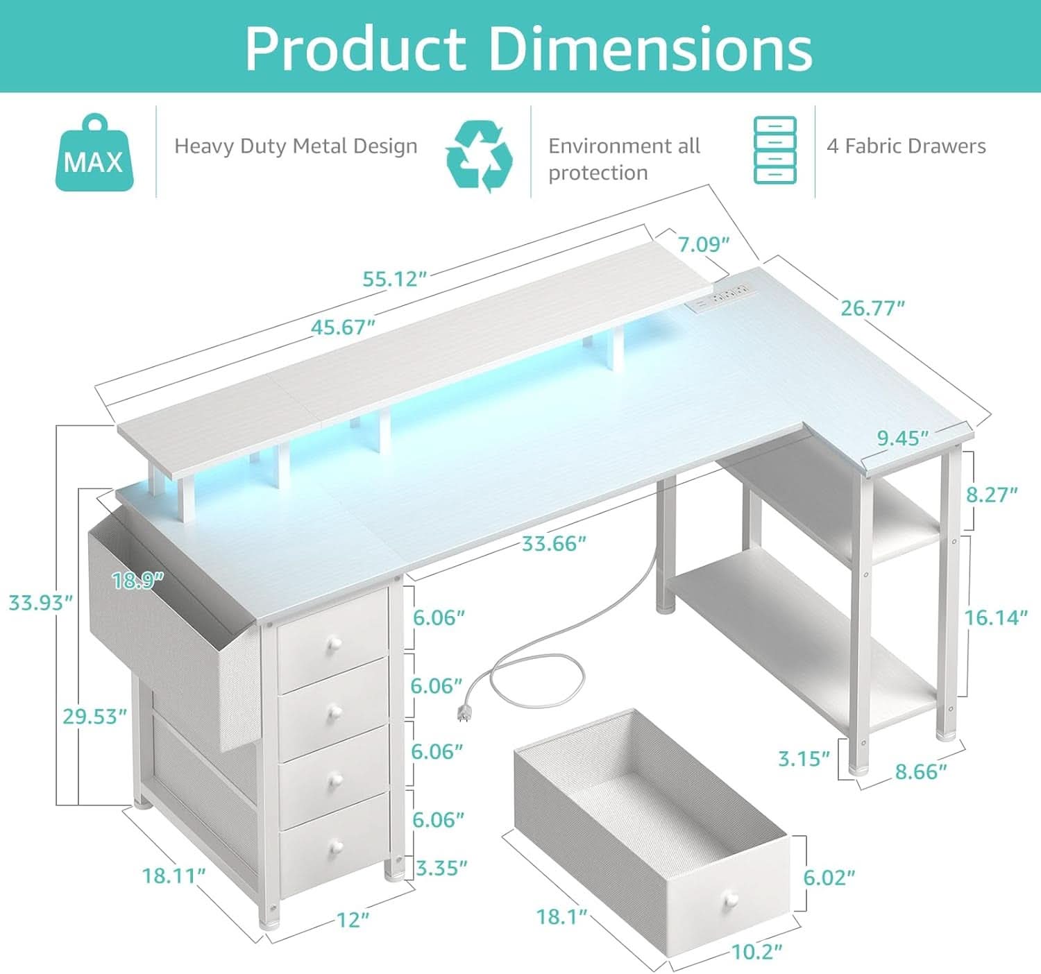 White L Shaped Desk With Monitor Stand 55 Inch LED Lighting