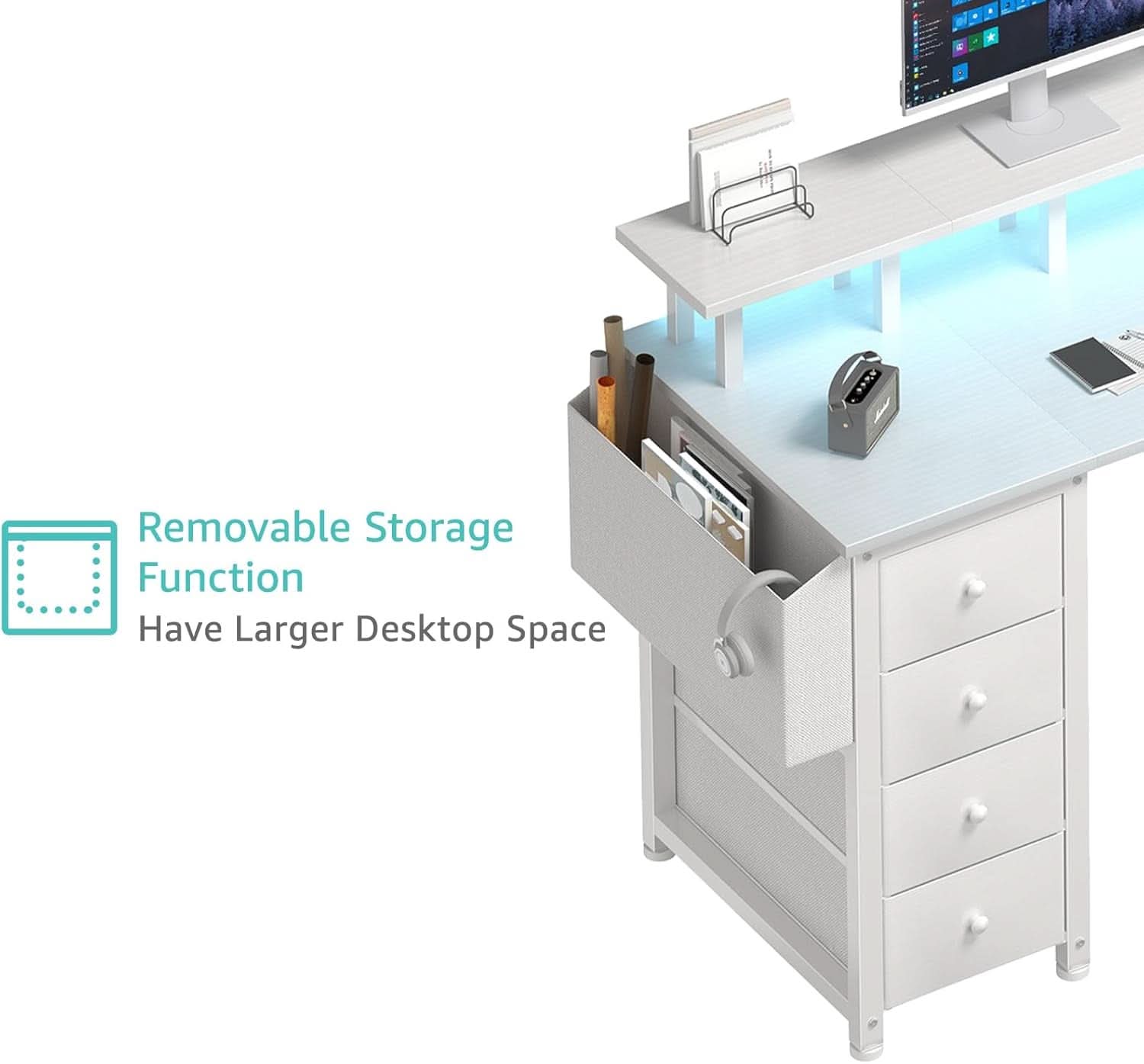 White L Shaped Desk With Monitor Stand 55 Inch LED Lighting
